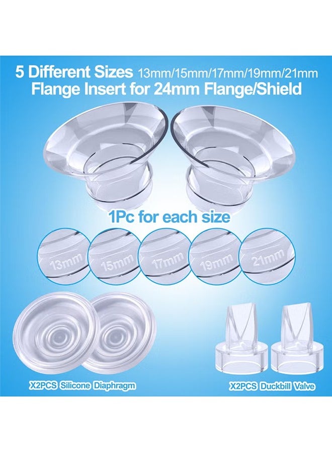 Premium 9-Piece Breast Pump Insert Kit with 5 Sizes (13/15/17/19/21mm) + Silicone Diaphragm u0026 Duckbill Valves | Universal Fit for 24mm Shields | BPA-Free Comfort for Pain-Free Pumping