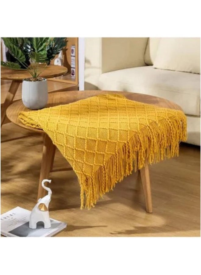 Simple Solid Colour Knitted Blanket Cotton Yellow 127 x 172cm