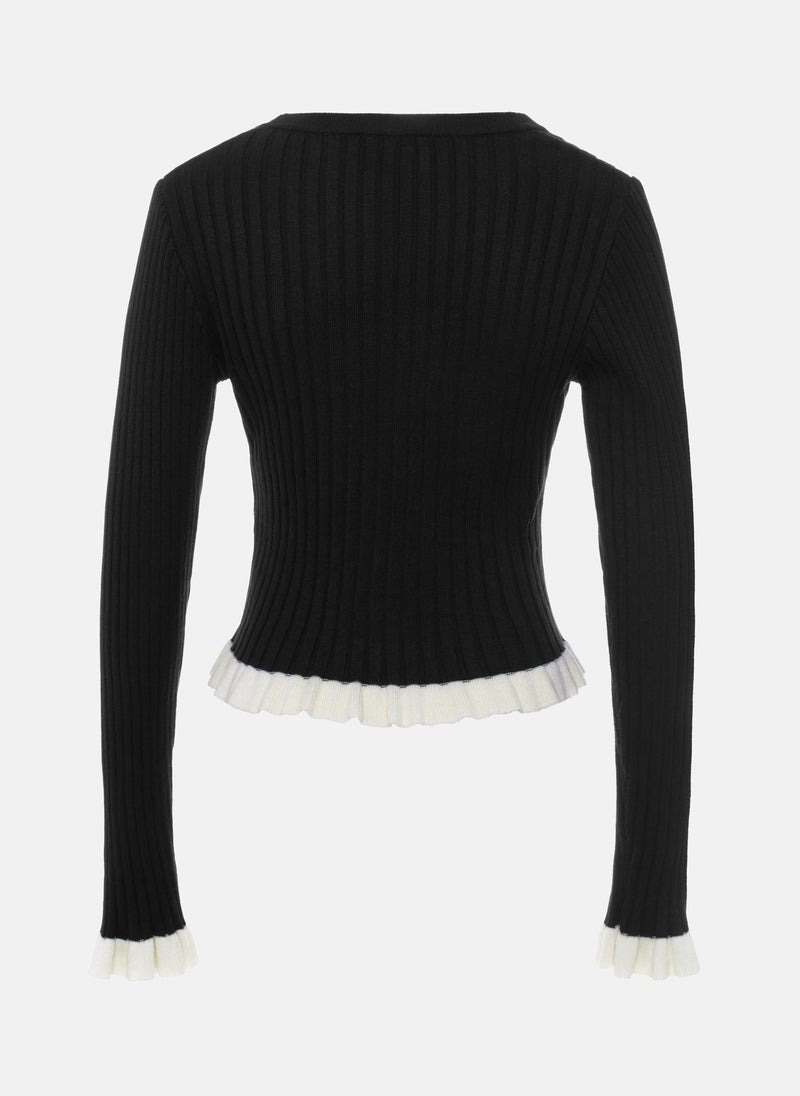 Rib-knit cardigan with contrasting ruffles