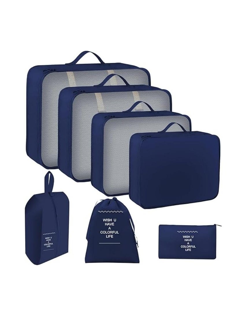 7 Piece Suitcase Organizer, Travel Luggage Organizer, Storage Bags For Cosmetics, Clothes, Underwear, Shoes And Cosmetics Navy Blue