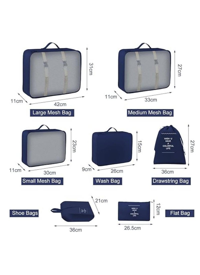 7 Piece Suitcase Organizer, Travel Luggage Organizer, Storage Bags For Cosmetics, Clothes, Underwear, Shoes And Cosmetics Navy Blue