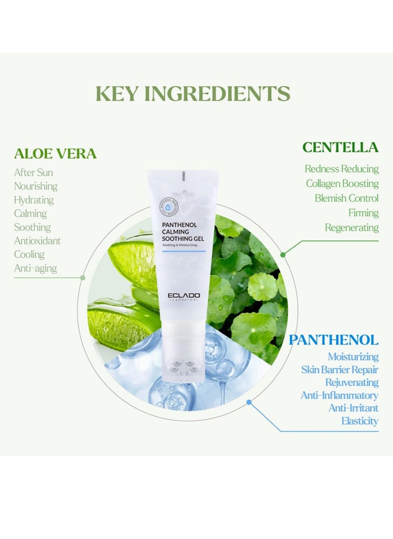 ECLADO Panthenol Calming Soothing Gel with Aloe Vera, Centella. Moisturizing and Soothing for Face, Body, Scalp. Roller Ball Applicator for Cooling and Depuffing, Non-Sticky, Summer Essential, 3.52oz.