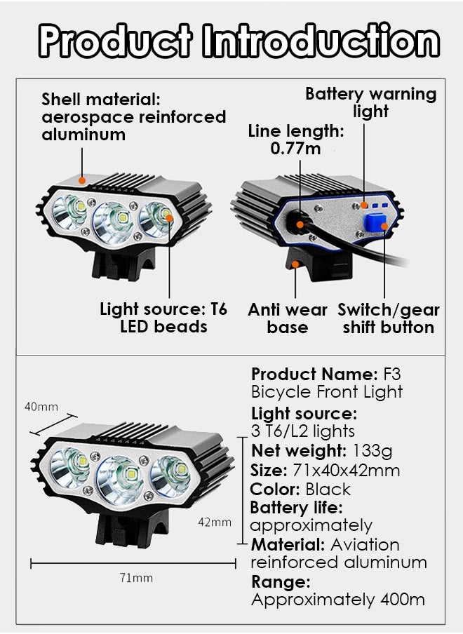 Bicycle Rechargeable Front Light, Bike Light, 3LED USB Rechargeable Headlight, Waterproof Front Lights and Rear LED Bicycle Light Set with Power Bank Horn Phone Holder Fits All Bicycles Cycling Road