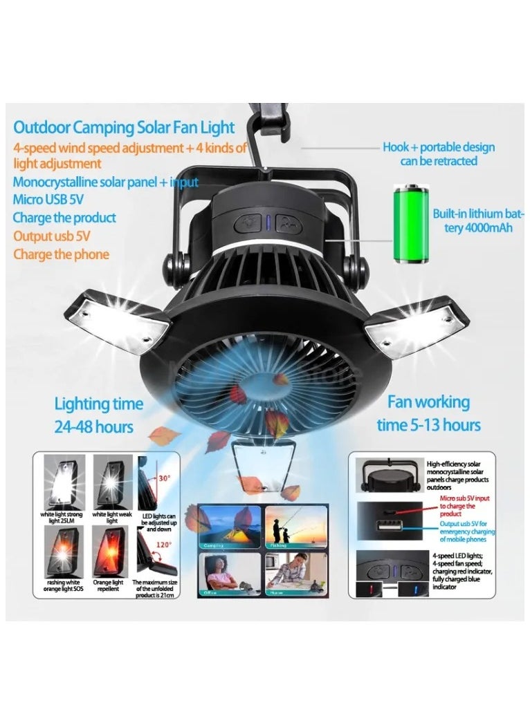 Solar Fan Lamp Mosquito Repellent Lamp For Camping,Solar Camping Fan, Outdoor Portable Fan, Personal Fan, Battery Operated Rechargeable Desk Cooling Fans with with LED Lantern, Power Bank, Timer for