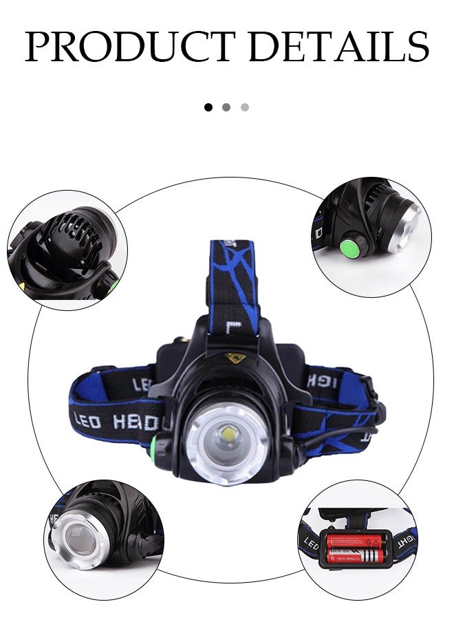 LED Rechargeable Headlamp, Super Bright Head Lamp with T6 Lamp Bead u0026 Long Endurance Rechargeable Battery, Zoom u0026 IPX45 Head Lamps with 3 Modes for Fishing, Camping,and Repairing（Without bat