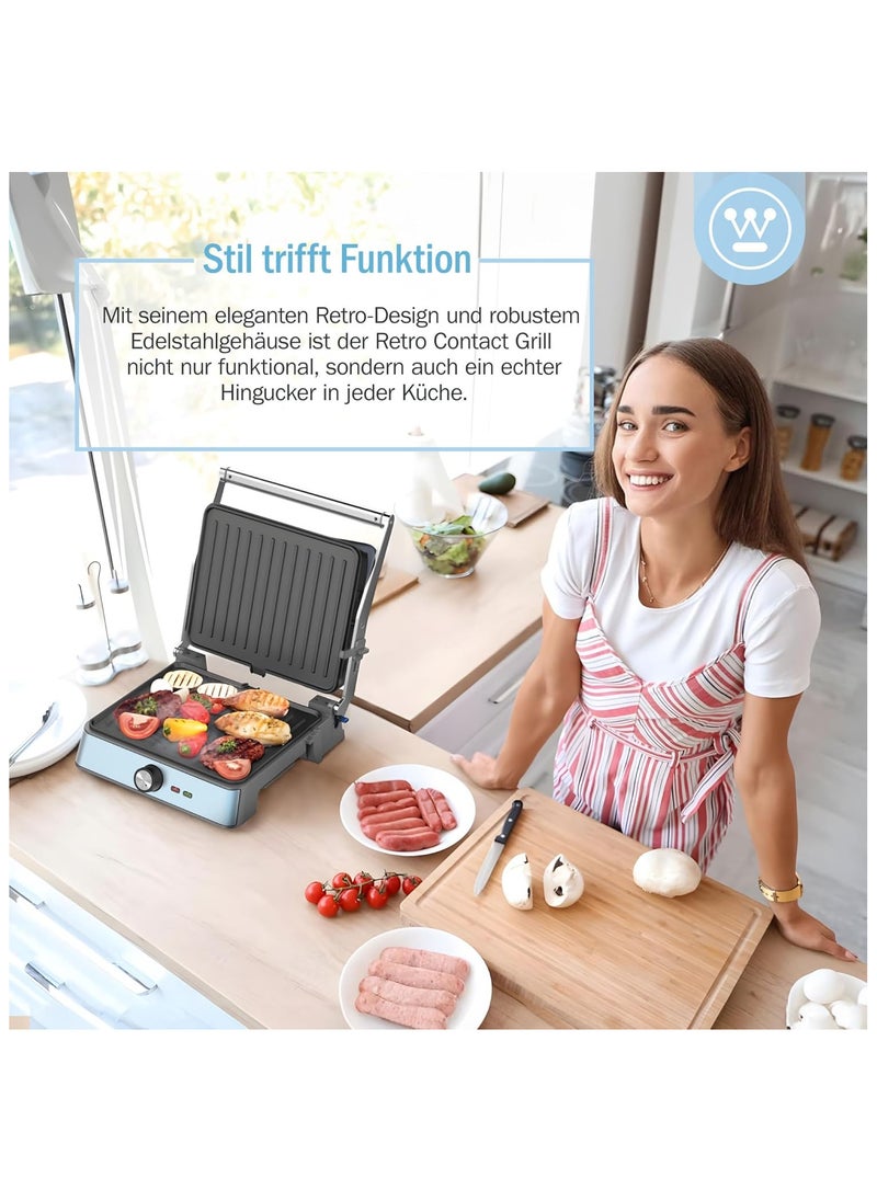 RetroContact Grill- 290 x 240 mm  - BLUE– Compact & Stylish Indoor Grill for Perfect Grilling