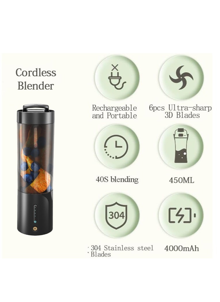 Portable Blender, Cordless Blender for Shakes and Smoothies with 16 Oz Cup and Leakproof Lid, Durable Stainless Steel Blades for Powerful Blending Performance, Magnetic Rechargeable, Black