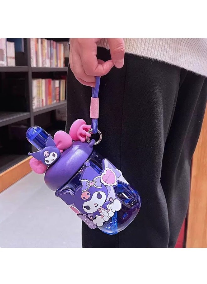 Sanrio Kawaii Style Kuromi Kids Water Bottle, Pink Cartoon Design with 3D Figure Top, Portable Drinks Container with Strap