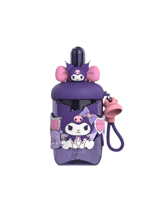 Sanrio Kawaii Style Kuromi Kids Water Bottle, Pink Cartoon Design with 3D Figure Top, Portable Drinks Container with Strap