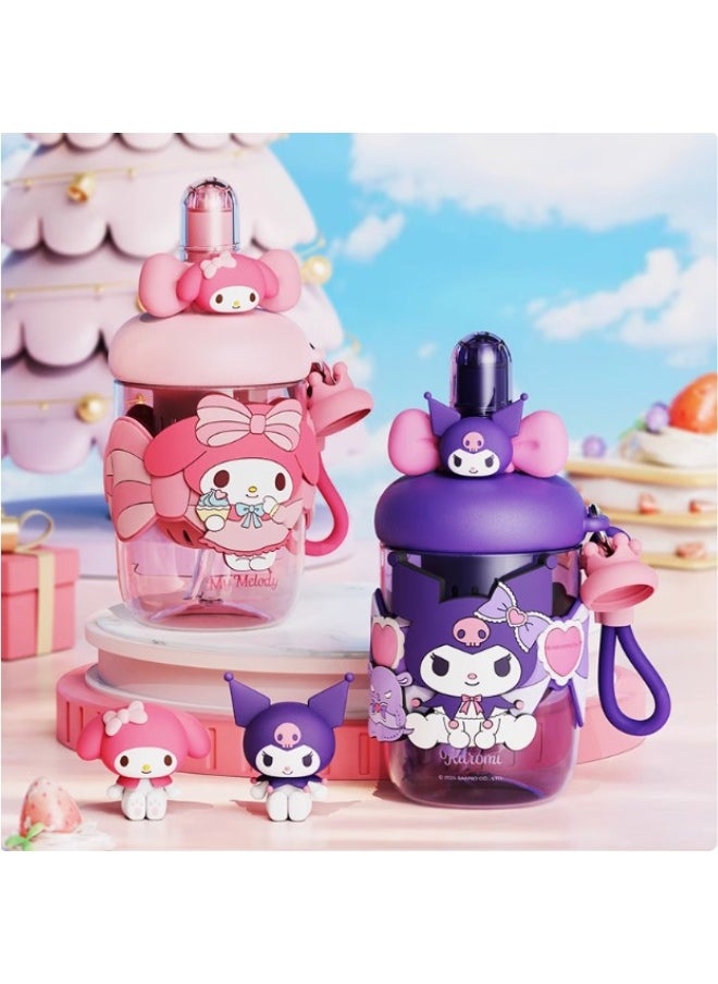 Sanrio Kawaii Style Kuromi Kids Water Bottle, Pink Cartoon Design with 3D Figure Top, Portable Drinks Container with Strap