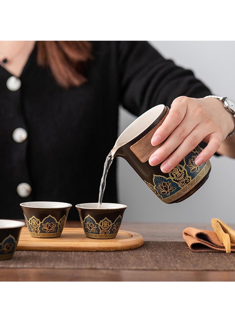 Travel Tea Set 4 Cups 1 Pot 1 Tea Caddy Ceramic Portable Teapot and Tea Cup Set Brown Leather Travel Bag for Home Office Outdoor Camping Picnic