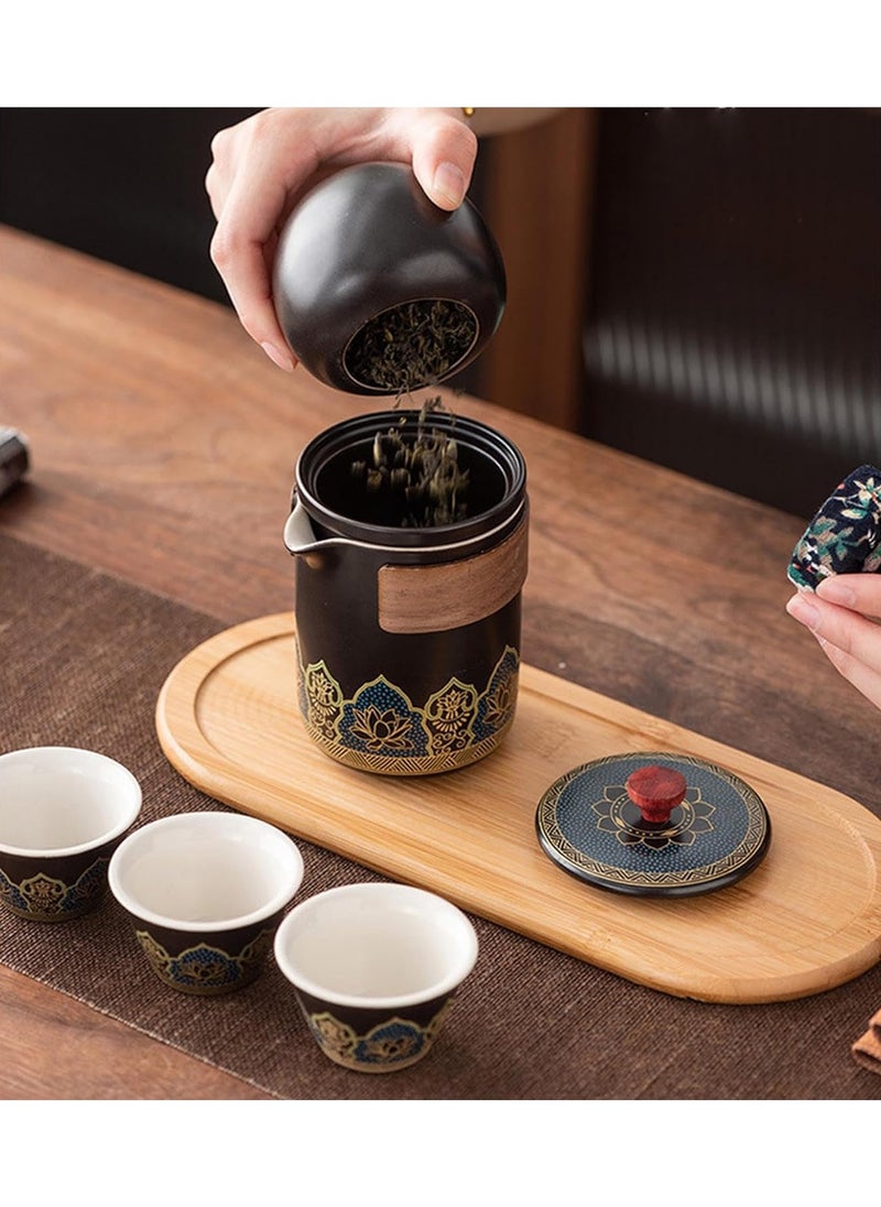 Travel Tea Set 4 Cups 1 Pot 1 Tea Caddy Ceramic Portable Teapot and Tea Cup Set Brown Leather Travel Bag for Home Office Outdoor Camping Picnic