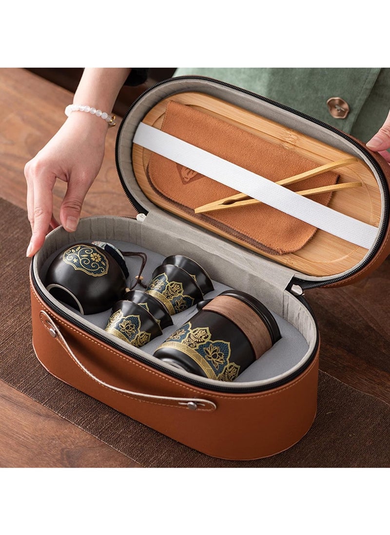 Travel Tea Set 4 Cups 1 Pot 1 Tea Caddy Ceramic Portable Teapot and Tea Cup Set Brown Leather Travel Bag for Home Office Outdoor Camping Picnic