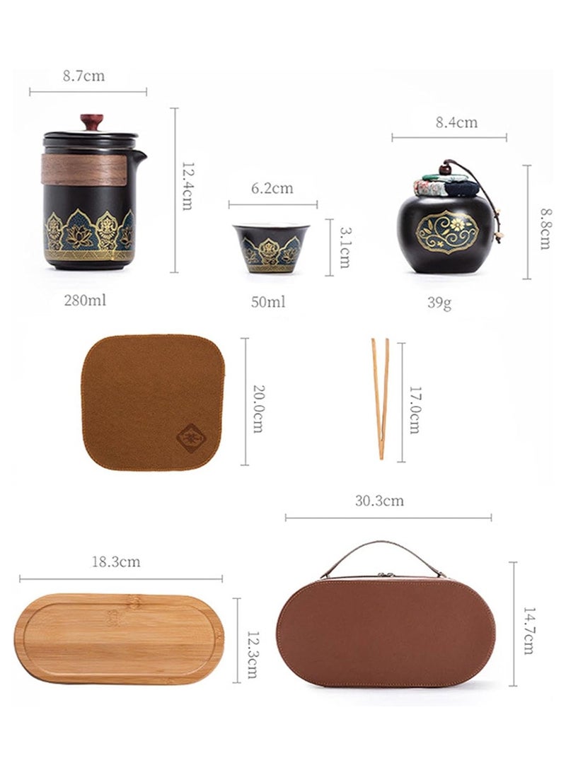 Travel Tea Set 4 Cups 1 Pot 1 Tea Caddy Ceramic Portable Teapot and Tea Cup Set Brown Leather Travel Bag for Home Office Outdoor Camping Picnic