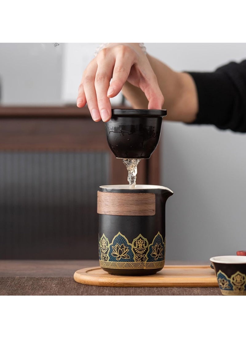 Travel Tea Set 4 Cups 1 Pot 1 Tea Caddy Ceramic Portable Teapot and Tea Cup Set Brown Leather Travel Bag for Home Office Outdoor Camping Picnic