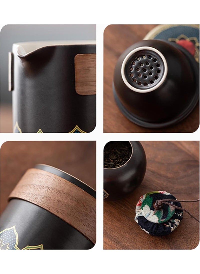 Travel Tea Set 4 Cups 1 Pot 1 Tea Caddy Ceramic Portable Teapot and Tea Cup Set Brown Leather Travel Bag for Home Office Outdoor Camping Picnic