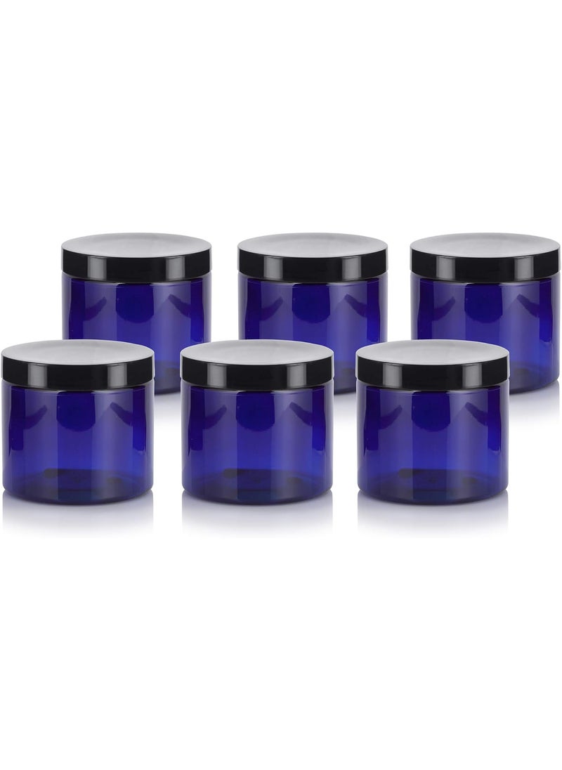 JUVITUS 16 oz Cobalt Blue PET Plastic Refillable Jar with Black Smooth Lid (6 pack)