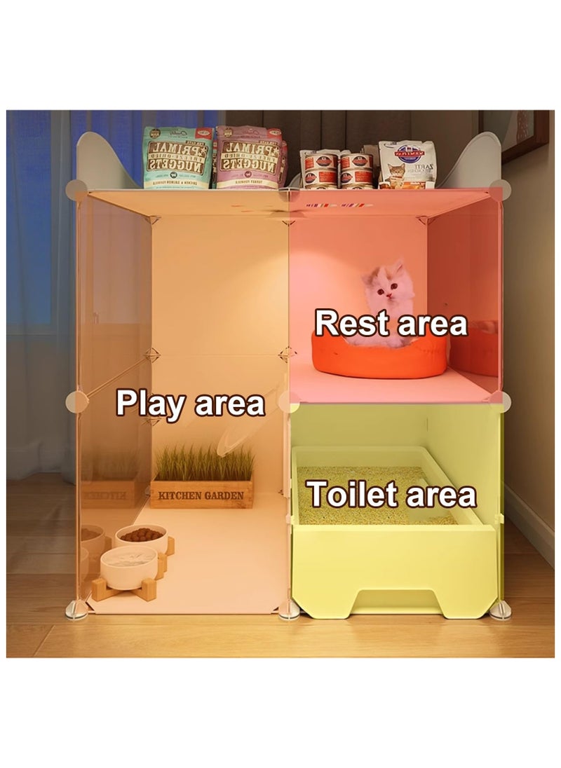 Cat Cage with Litter Box, Assembled Cat Enclosures, Interactive Cat Villa, Multi-Feature Enclosed Cat Condo for 1-2 Cat - Easy Installation, No Tools Needed (With light)