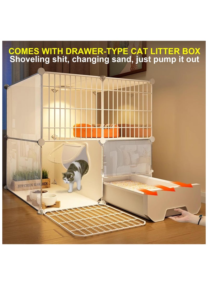 Cat Cage with Litter Box, Assembled Cat Enclosures, Interactive Cat Villa, Multi-Feature Enclosed Cat Condo for 1-2 Cat - Easy Installation, No Tools Needed (With light)
