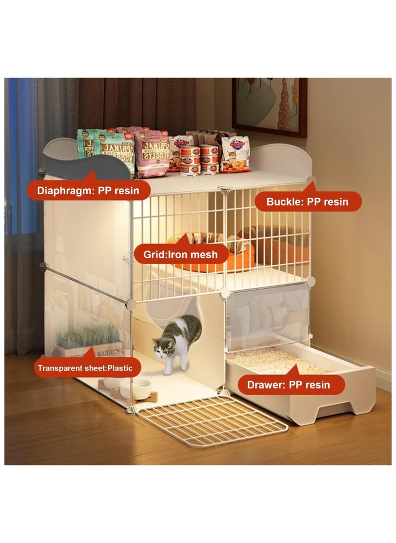 Cat Cage with Litter Box, Assembled Cat Enclosures, Interactive Cat Villa, Multi-Feature Enclosed Cat Condo for 1-2 Cat - Easy Installation, No Tools Needed (With light)