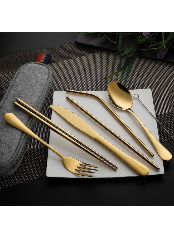 8-Piece Portable Travel Cutlery Set Gold/grey