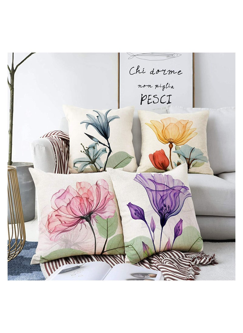 Decorative Floral Flower Pillow Covers 18 x18“ Linen Cushion Case for Living Room Couch Sofa Patio Outdoor Home Deco Ink Flower Linen Printed Pillowcase Home Sofa Bedside Office Pillowcase