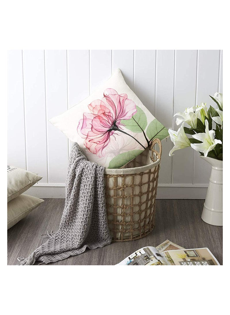 Decorative Floral Flower Pillow Covers 18 x18“ Linen Cushion Case for Living Room Couch Sofa Patio Outdoor Home Deco Ink Flower Linen Printed Pillowcase Home Sofa Bedside Office Pillowcase