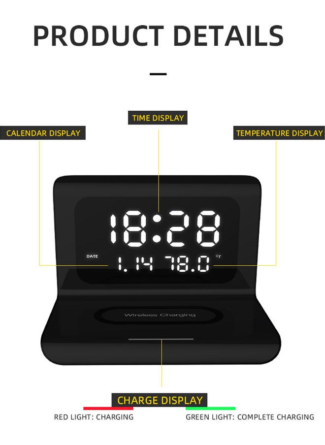 Digital Alarm Clock With Wireless Chargings Led Time Temperature Black 17.5 x 12.5 x 12.6cm