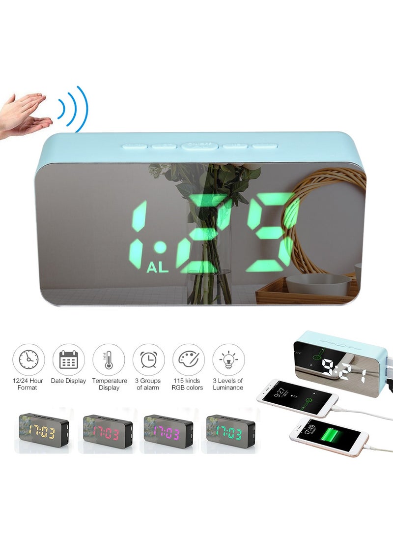 Digital Colorful LED Mirror Alarm Clock,Smart Nightlight Digital Alarm Clock Battery Operated Table Electronic Clock Easy Operation Clock with Date Indoor Temperature for Kids