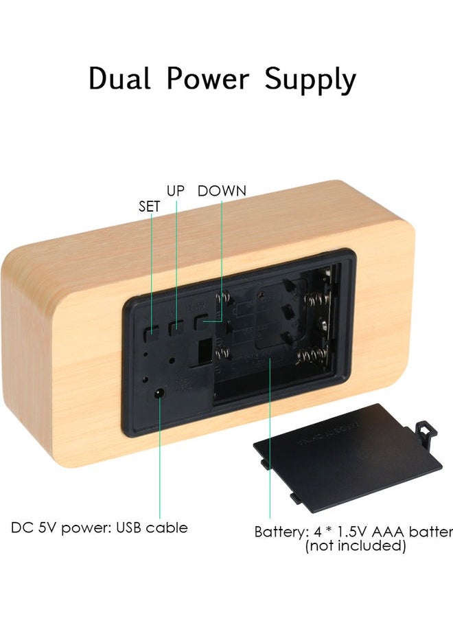 Electronic LED Digital Wooden Alarm Clock,Wooden Digital Alarm Clock, Wood LED Adjustable Brightness Voice Control Desk Wooden Alarm Clock with Date/Temperature and USB/Battery Powered for Home, Off