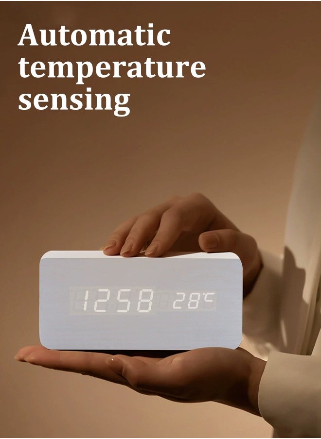 Electronic LED Digital Wooden Alarm Clock,Wooden Digital Alarm Clock, Wood LED Adjustable Brightness Voice Control Desk Wooden Alarm Clock with Date/Temperature and USB/Battery Powered for Home, Off
