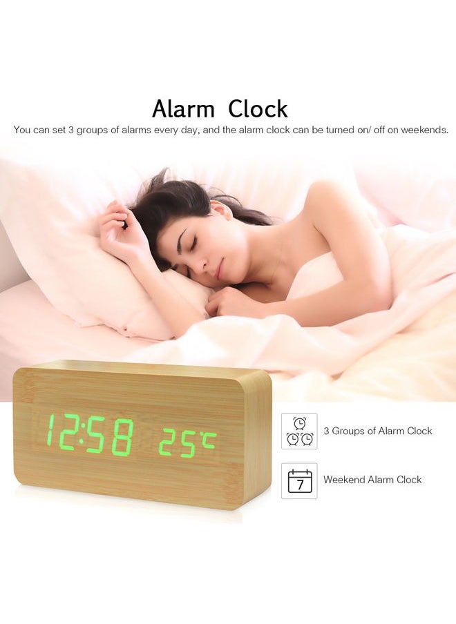 Electronic LED Digital Wooden Alarm Clock,Wooden Digital Alarm Clock, Wood LED Adjustable Brightness Voice Control Desk Wooden Alarm Clock with Date/Temperature and USB/Battery Powered for Home, Off