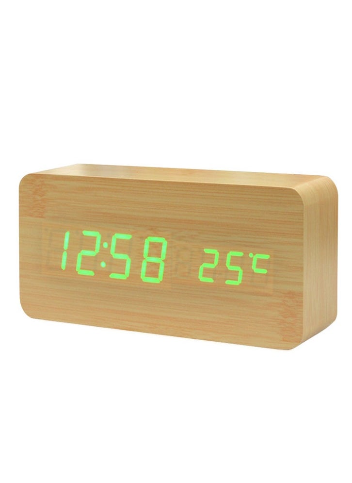 Electronic LED Digital Wooden Alarm Clock,Wooden Digital Alarm Clock, Wood LED Adjustable Brightness Voice Control Desk Wooden Alarm Clock with Date/Temperature and USB/Battery Powered for Home, Off
