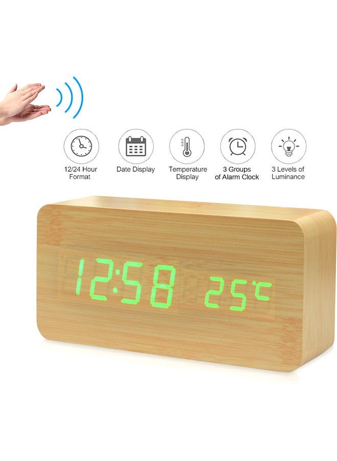 Electronic LED Digital Wooden Alarm Clock,Wooden Digital Alarm Clock, Wood LED Adjustable Brightness Voice Control Desk Wooden Alarm Clock with Date/Temperature and USB/Battery Powered for Home, Off