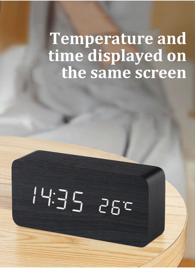 Electronic LED Digital Wooden Alarm Clock,Wooden Digital Alarm Clock, Wood LED Adjustable Brightness Voice Control Desk Wooden Alarm Clock with Date/Temperature and USB/Battery Powered for Home, Off