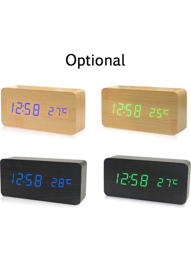 Electronic LED Digital Wooden Alarm Clock,Wooden Digital Alarm Clock, Wood LED Adjustable Brightness Voice Control Desk Wooden Alarm Clock with Date/Temperature and USB/Battery Powered for Home, Off