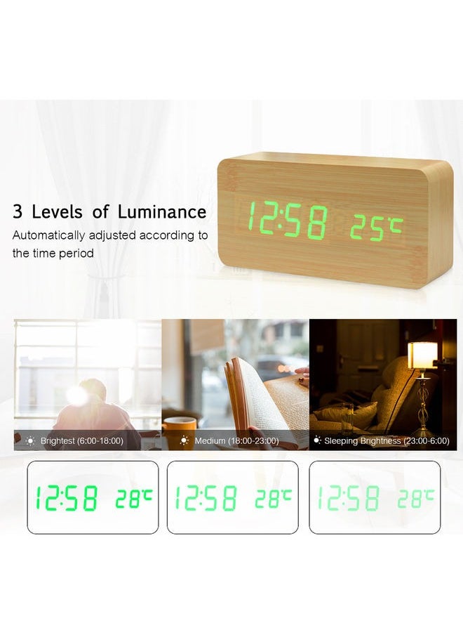 Electronic LED Digital Wooden Alarm Clock,Wooden Digital Alarm Clock, Wood LED Adjustable Brightness Voice Control Desk Wooden Alarm Clock with Date/Temperature and USB/Battery Powered for Home, Off