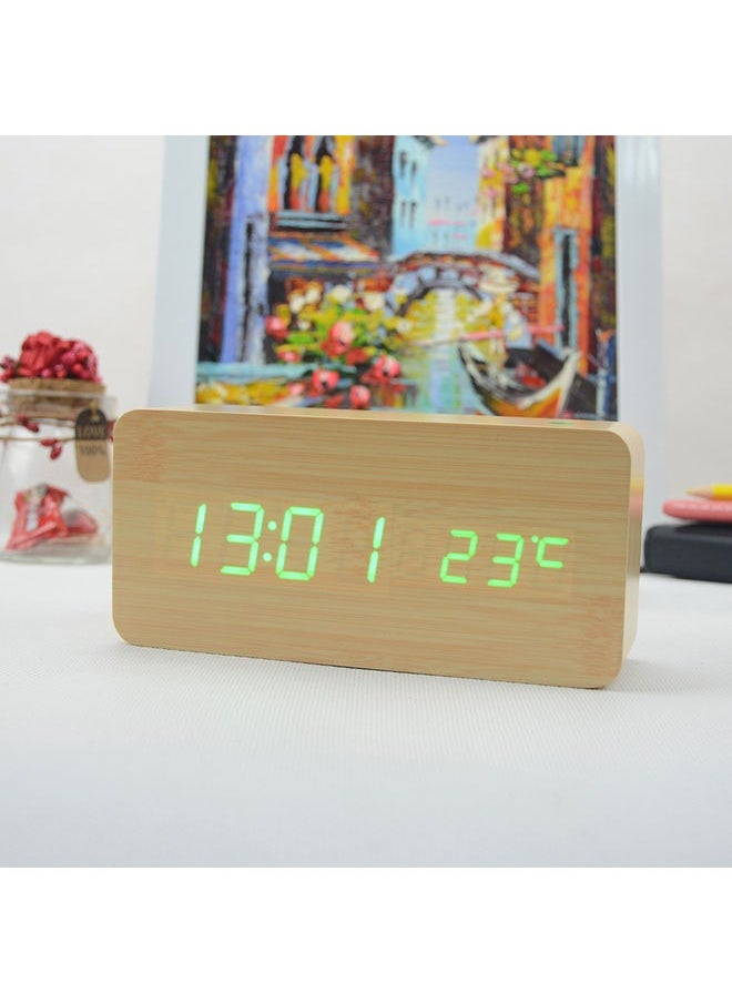 Electronic LED Digital Wooden Alarm Clock,Wooden Digital Alarm Clock, Wood LED Adjustable Brightness Voice Control Desk Wooden Alarm Clock with Date/Temperature and USB/Battery Powered for Home, Off