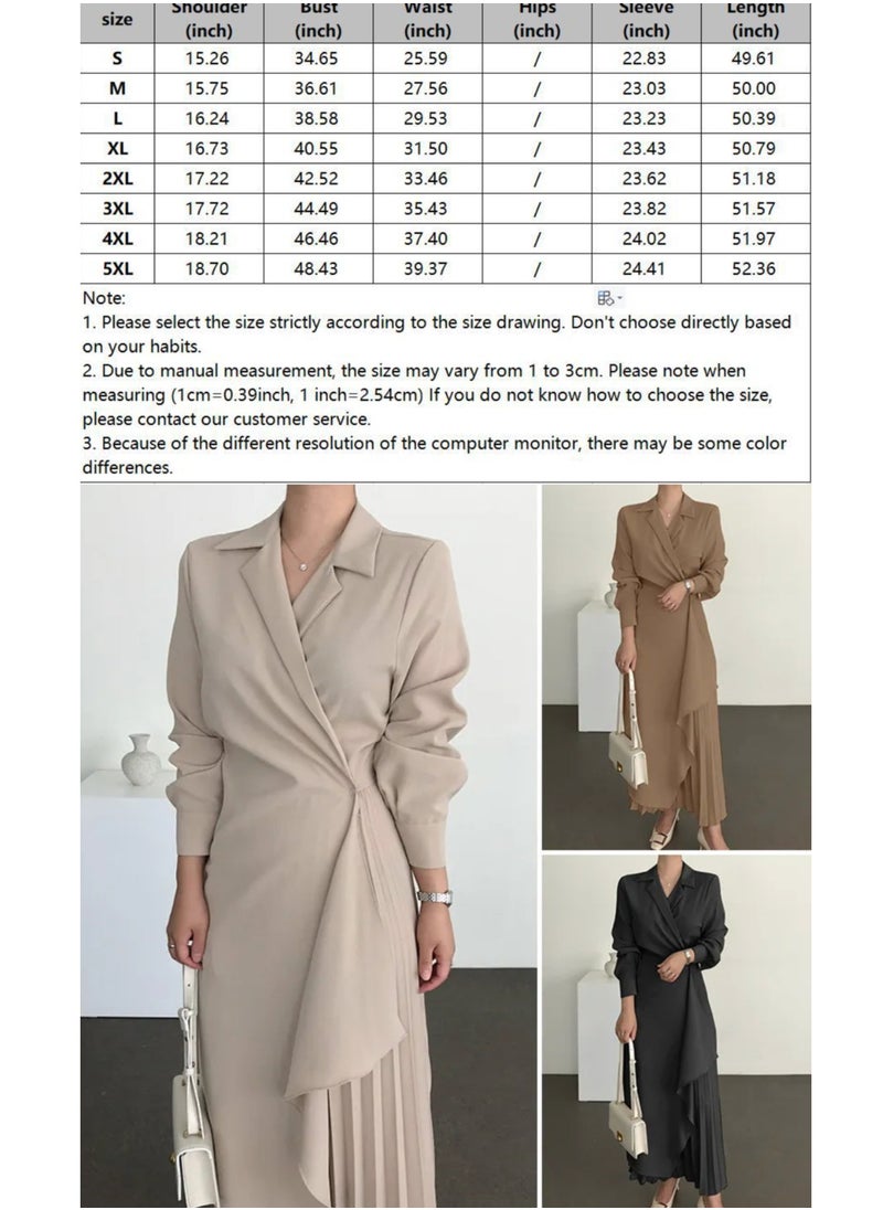 Ladies Tunic Dress Solid Color Formal Elegant Asymmetrical Pleated Design Vintage Long Suit Dress for Women Casual Ramadan Brown