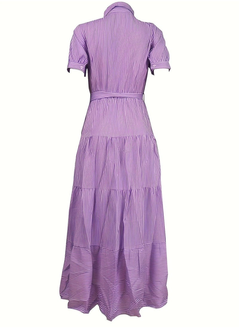 New Fashionable Striped Short Sleeved Loose Mid Length Dress