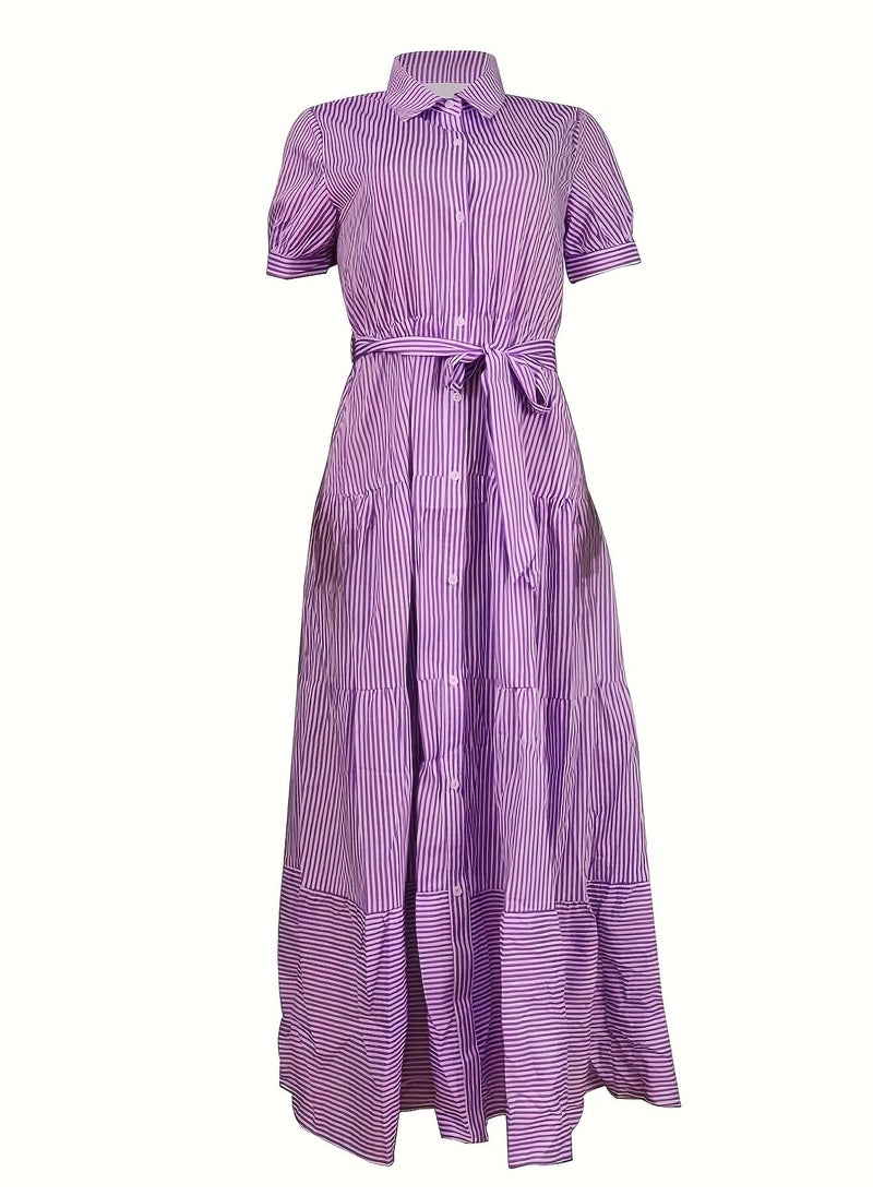 New Fashionable Striped Short Sleeved Loose Mid Length Dress