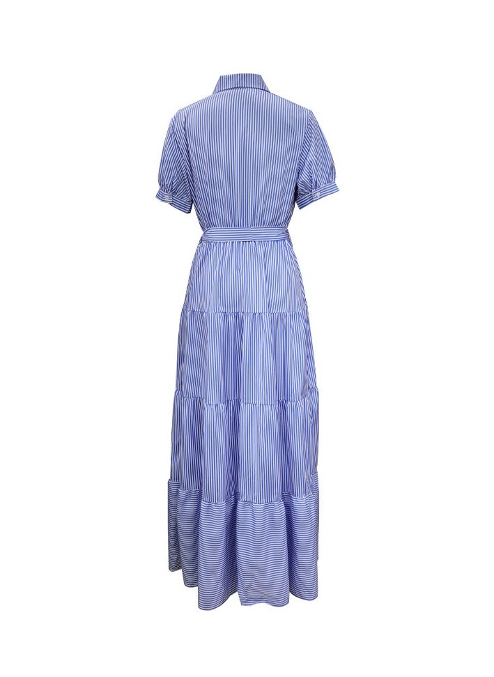 New Fashionable Striped Short Sleeved Loose Mid Length Dress