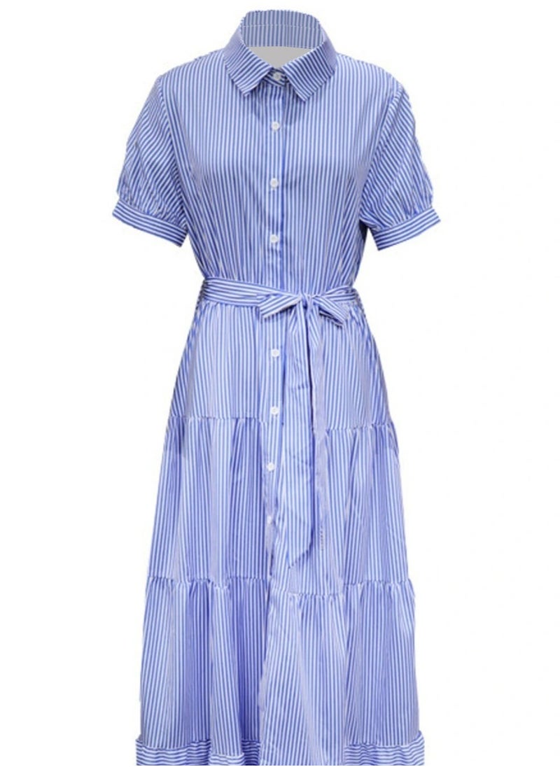 New Fashionable Striped Short Sleeved Loose Mid Length Dress