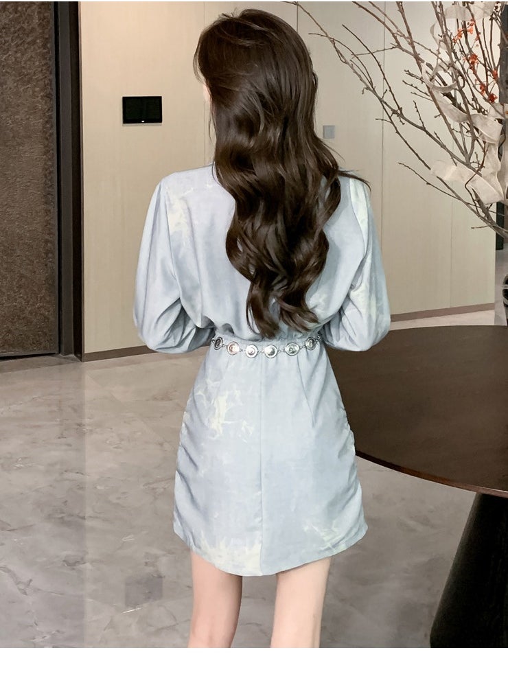 New Tie Dye Shirt Collar Waist Chain Cinching Dress