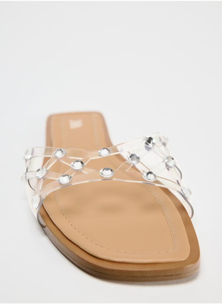 Flat vinyl sandals with rhinestones