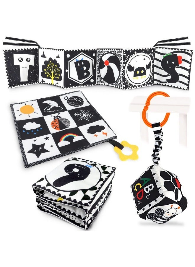 3 PCS Black and White High Contrast Baby Toys 0-6 Months for Newborn, Montessori Toys for Babies Sensory Soft Book for Early Education, Infant Tummy Time Toys 0 6 9 Months Baby Gifts
