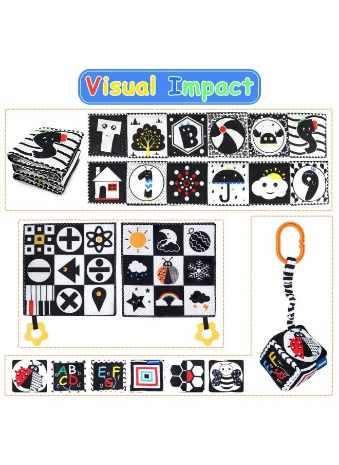 3 PCS Black and White High Contrast Baby Toys 0-6 Months for Newborn, Montessori Toys for Babies Sensory Soft Book for Early Education, Infant Tummy Time Toys 0 6 9 Months Baby Gifts