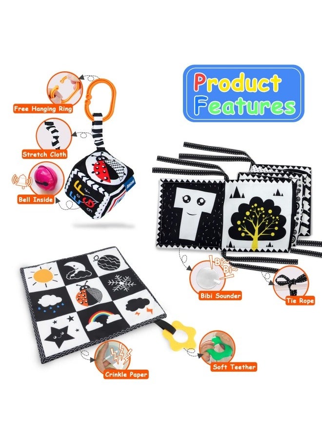3 PCS Black and White High Contrast Baby Toys 0-6 Months for Newborn, Montessori Toys for Babies Sensory Soft Book for Early Education, Infant Tummy Time Toys 0 6 9 Months Baby Gifts