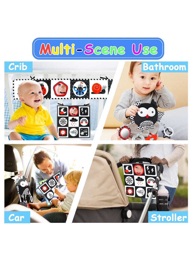 Black and White High Contrast Baby Toys 0-6 Months with Mirror, Crinkle and Rattles, Soft Baby Toys for Brain Development Montessori Sensory Tummy Time Toys Newborn Infant Toys for 0 3 6 9 Months Old