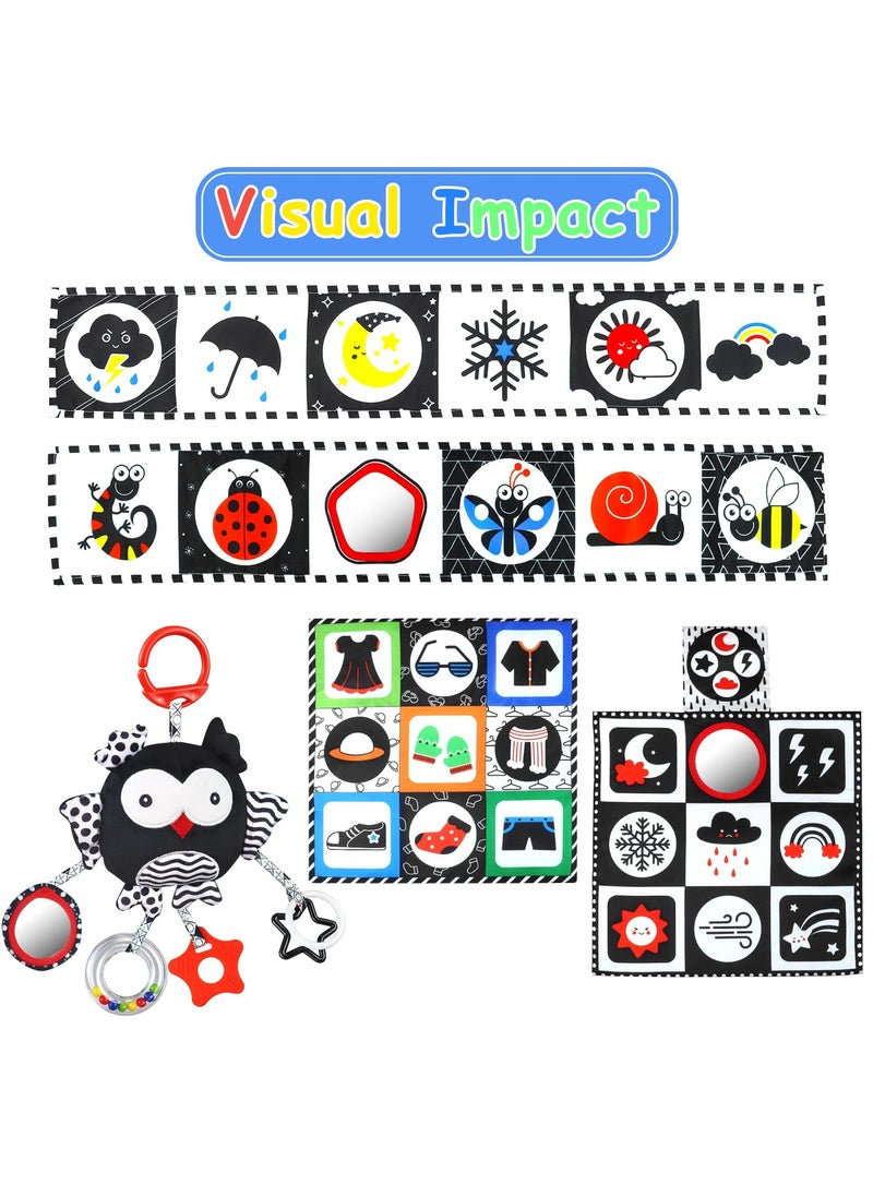 Black and White High Contrast Baby Toys 0-6 Months with Mirror, Crinkle and Rattles, Soft Baby Toys for Brain Development Montessori Sensory Tummy Time Toys Newborn Infant Toys for 0 3 6 9 Months Old